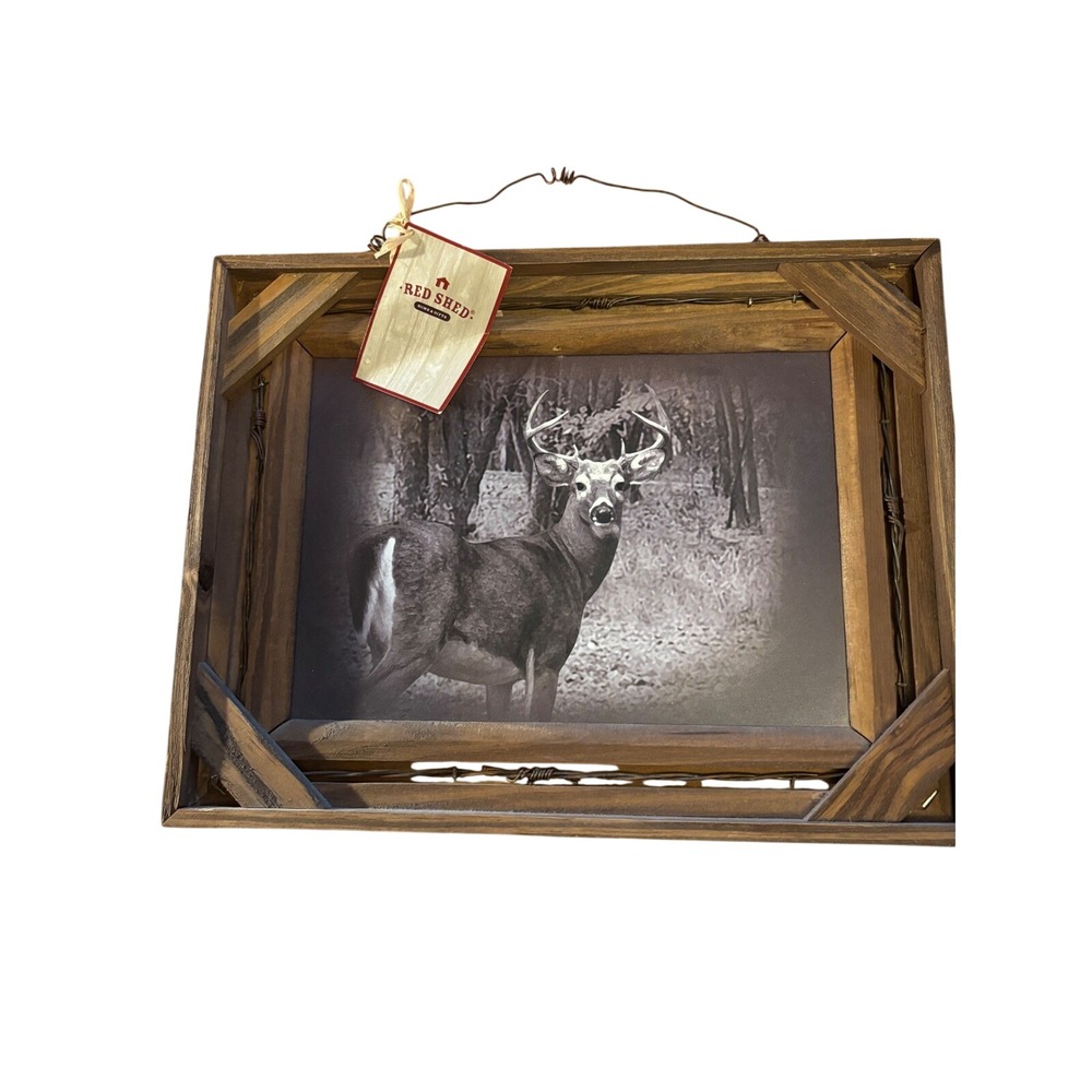 Red Shed rustic framed wall art black-and-white print of a whitetail deer buck
